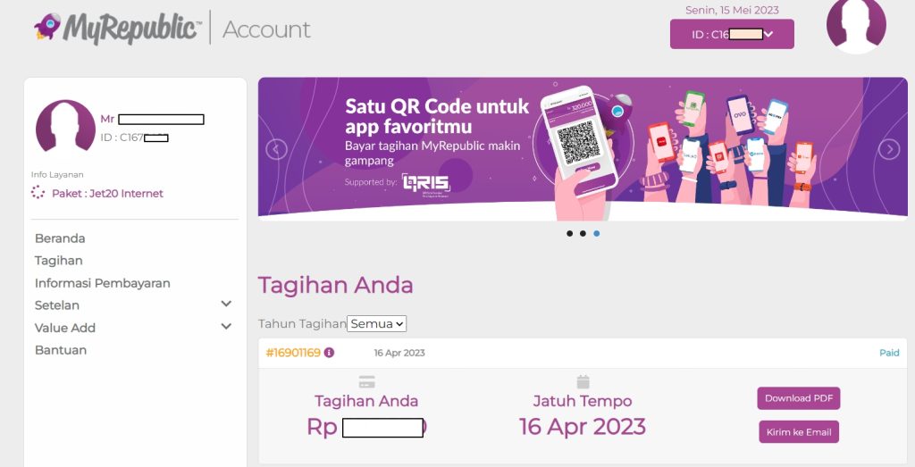Member Area buat melakukan Pembayaran di MyRepublic