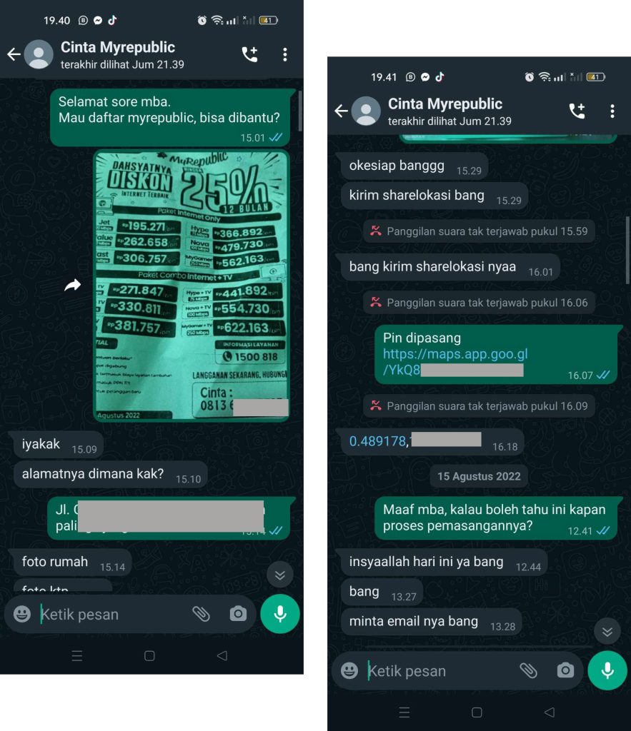 awal kali kontak dengan team marketing myRepublic
